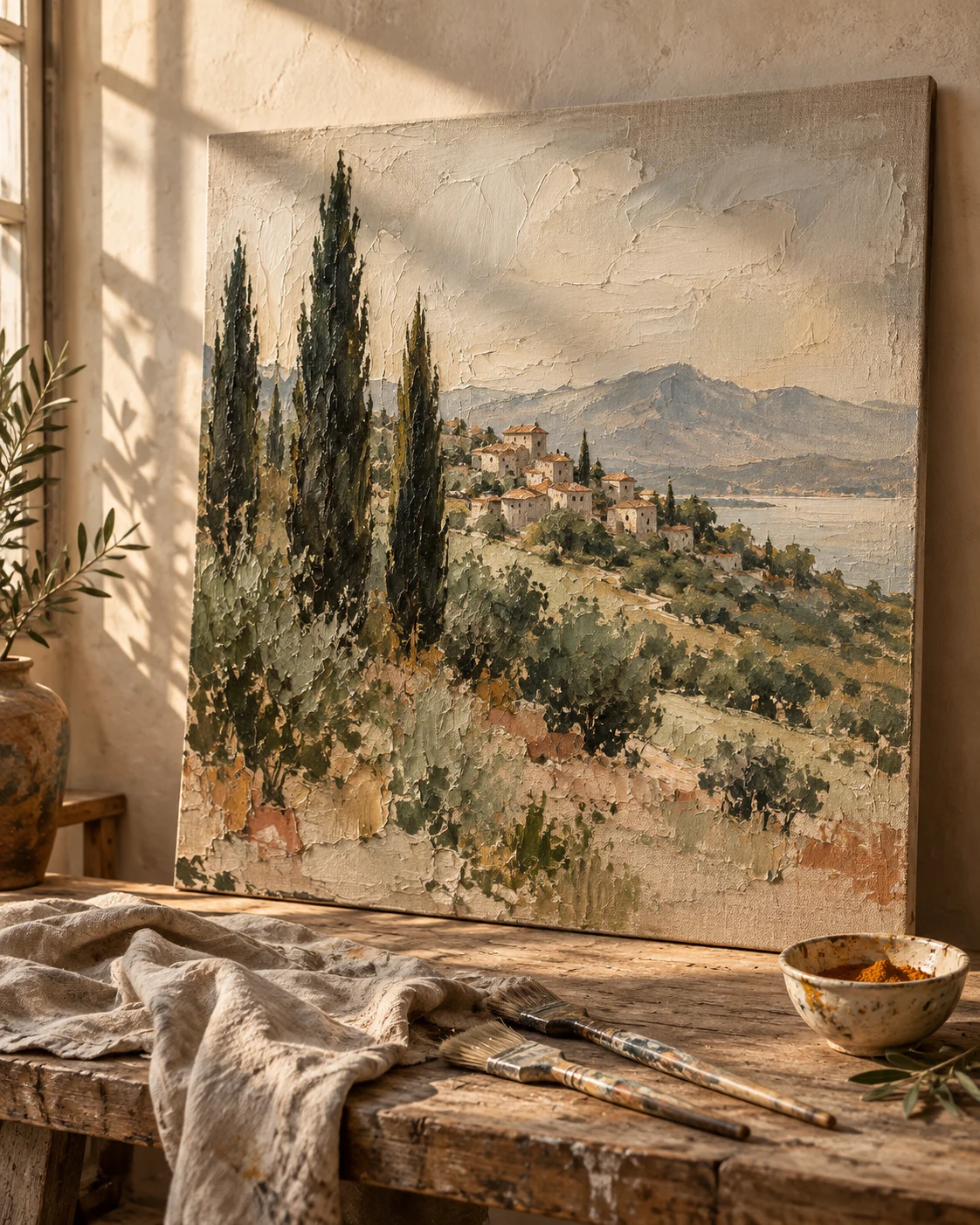 A richly textured Mediterranean landscape canvas in a sunlit studio, with linen, brushes and earthy pigments on a wooden workbench